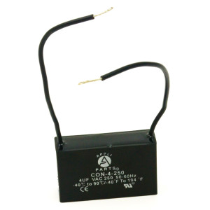 Appli Parts Condensador Capacitor de ventilador 4 mfd (microfaradios) uf 250VAC con 2 cables compatible con cualquier marca de igual capacitancia 4.7cm ancho x 2.6cm prof x 3.7cm alto CAP-4-250-2C