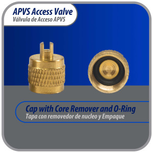 Appli Parts Valvula de acceso de 1/4 SAE x 1/8 pulg OD x con vastago de cobre de 5cm de largo con nucleo y tapa de laton con removedor de nucleo y empacadura APVS-14182