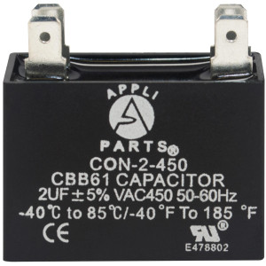 Appli Parts Condensador Capacitor de ventilador 2 mfd (microfaradios) uf 450VAC con conectores compatible con cualquier marca de igual capacitancia 3.7cm Ancho 1.5cm Profundidad 3.4cm Alto CAP-2-450