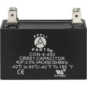 Appli Parts Condensador Capacitor de ventilador 4 mfd (microfaradios) uf 450VAC con conectores compatible con cualquier marca de igual capacitancia 4.7cm Ancho 1.8cm Profundidad 3.7cm Alto CAP-4-450