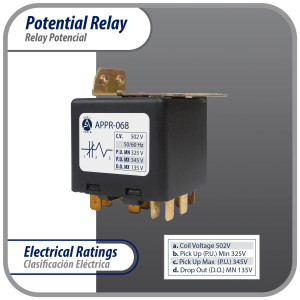 Appli Parts APPR-068 Relay Potencial 068, Voltaje de Bobina 502 V, Recogida Minima 325 V, Recogida Maxima 345 V, Caida Maxima 135 V, 50/60Hz Remplazo universal para unidades de refrigeracion y aire acondicionado