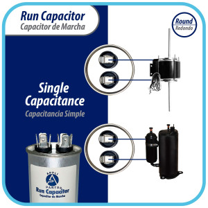 Appli Parts Condensador Capacitor de Marcha 45 Mfd uF (microfaradios) 370VAC o 450VAC CBB65 Universal Aire acondicionado y otras aplicaciones Redondo UL E476928 10.8cm Alto 4.7cm Ancho CON-45-450