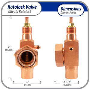 Appli Parts APRV-VA02 Valvula Rotolock V02 1-3/4 pulg x 1-1/8 pulg Soldable con puertos de acceso de 1/4 pulg Universal para sistemas de refrigeracion y aire acondicionado
